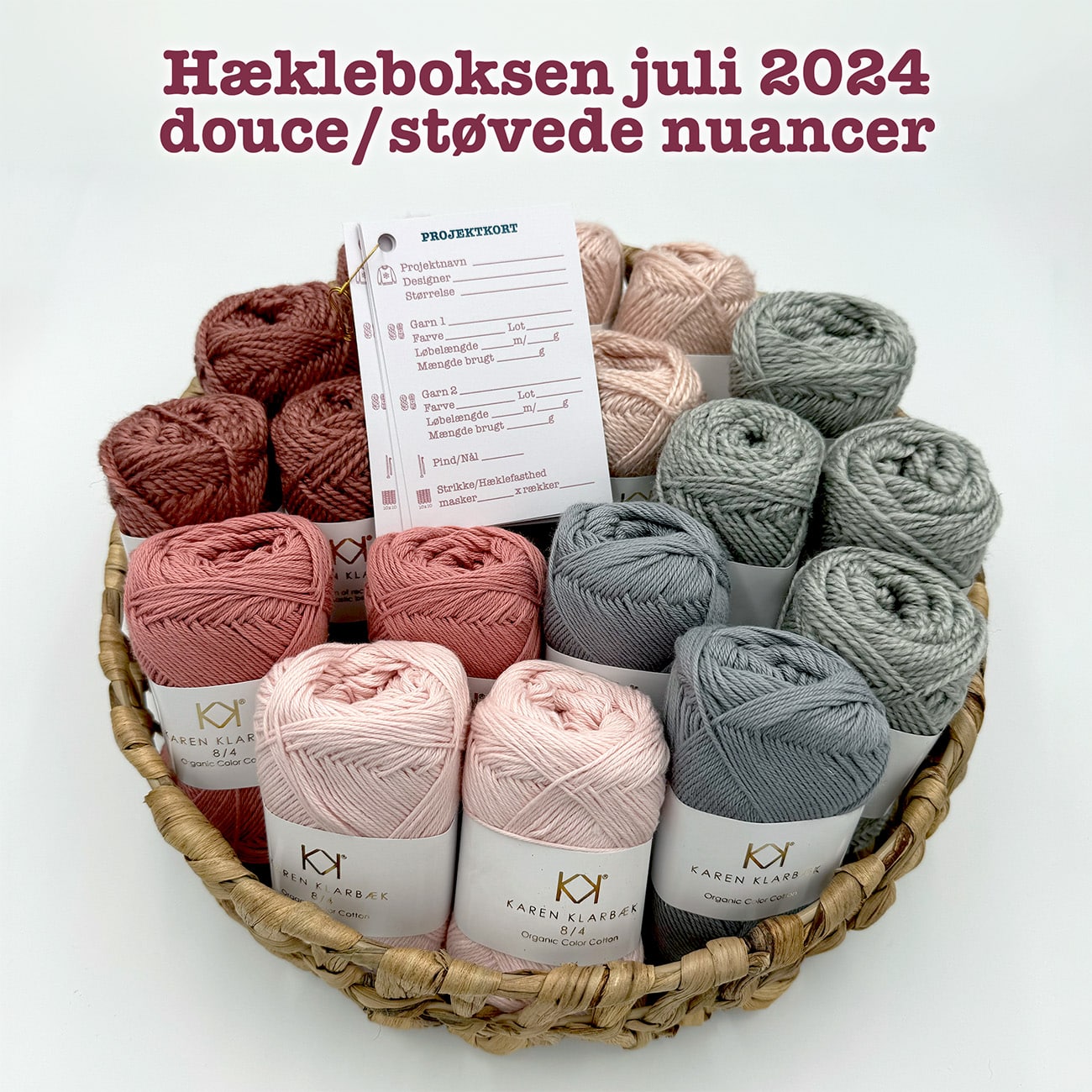 Hækleboksen juli 2024 douce/støvede nuancer Karen Klarbæk organic color cotton 8/4 og Recykled Bottle Yarn