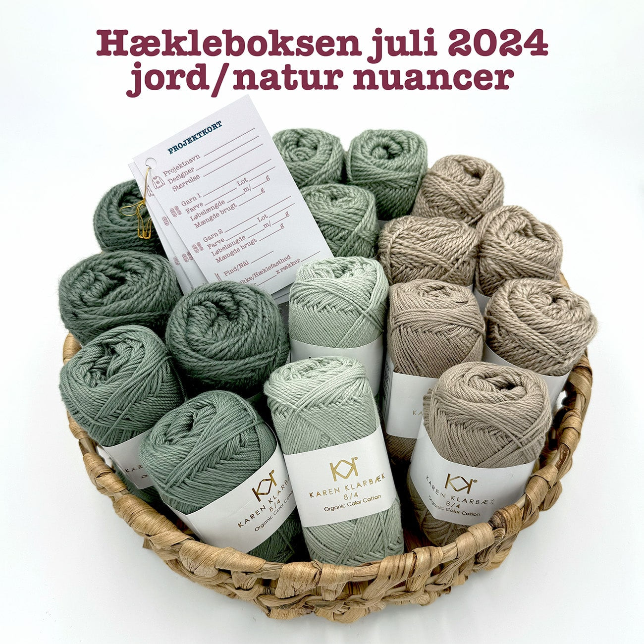 Hækleboksen juli 2024 jord/natur nuancer Karen Klarbæk organic color cotton 8/4 og Recykled Bottle Yarn