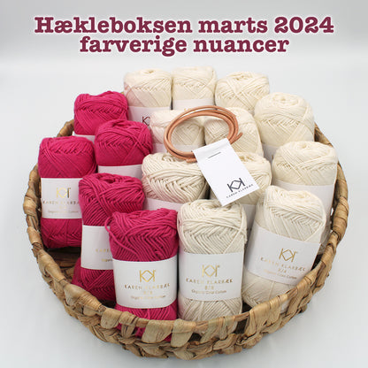 Hækleboksen marts 2024 farverige nuancer karen klarbæk 8/4 organic color cotton