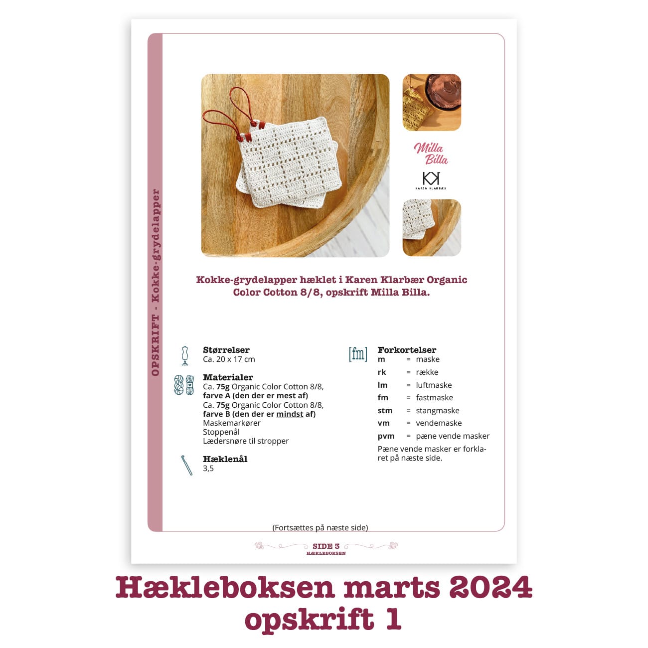 Hækleboksen standard marts 2024 opskrift 1 Milla Billa kokke-grydelapper