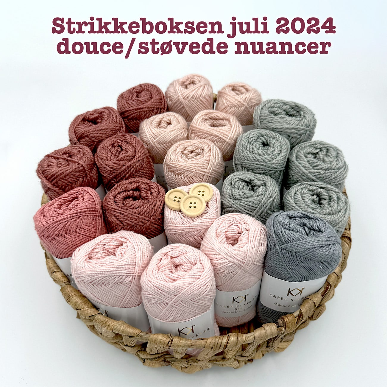 Strikkeboksen juli 2024 douce/støvede nuancer Karen Klarbæk organic color cotton 8/4 og Recykled Bottle Yarn