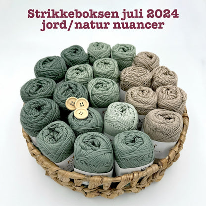Strikkeboksen juli 2024 jord/natur nuancer Karen Klarbæk organic color cotton 8/4 og Recykled Bottle Yarn